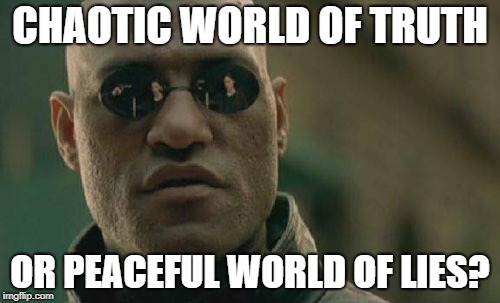 Matrix Morpheus Meme | CHAOTIC WORLD OF TRUTH; OR PEACEFUL WORLD OF LIES? | image tagged in memes,matrix morpheus | made w/ Imgflip meme maker