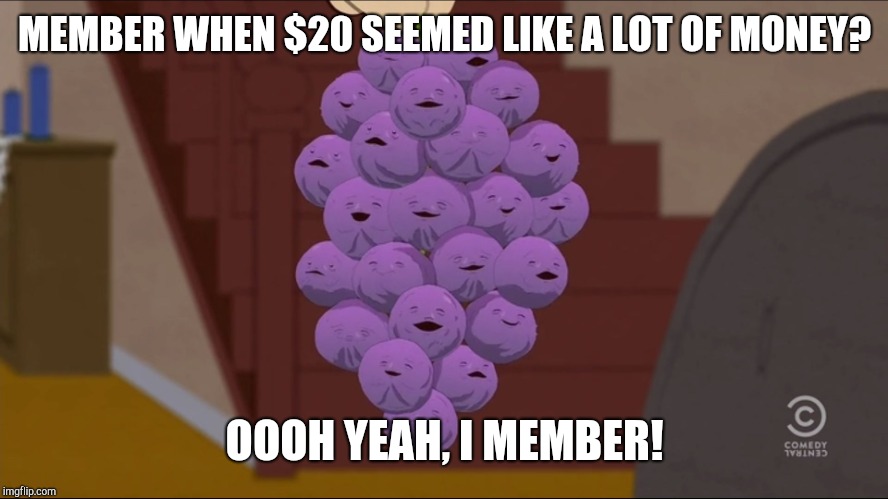 Member Berries | MEMBER WHEN $20 SEEMED LIKE A LOT OF MONEY? OOOH YEAH, I MEMBER! | image tagged in memes,member berries | made w/ Imgflip meme maker