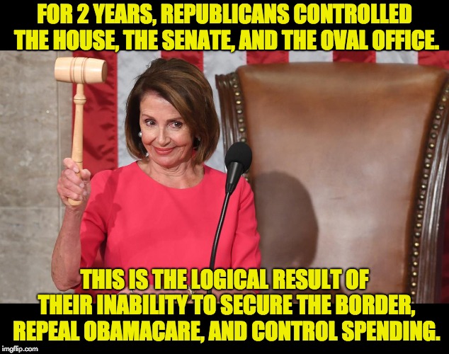 Shame on the Republicans | FOR 2 YEARS, REPUBLICANS CONTROLLED THE HOUSE, THE SENATE, AND THE OVAL OFFICE. THIS IS THE LOGICAL RESULT OF THEIR INABILITY TO SECURE THE BORDER, REPEAL OBAMACARE, AND CONTROL SPENDING. | image tagged in nancy pelosi | made w/ Imgflip meme maker