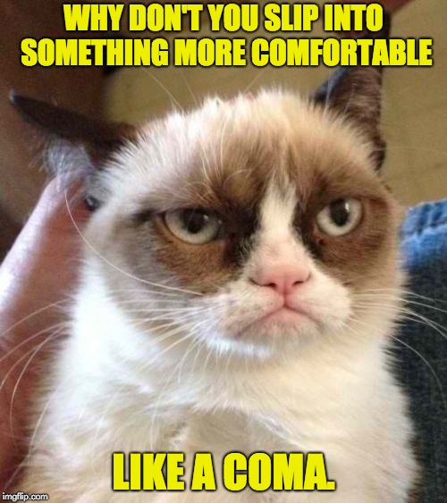 Grumpy Cat Reverse | WHY DON'T YOU SLIP INTO SOMETHING MORE COMFORTABLE; LIKE A COMA. | image tagged in memes,grumpy cat reverse,grumpy cat | made w/ Imgflip meme maker