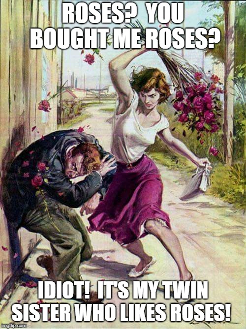 Beaten with Roses | ROSES?  YOU BOUGHT ME ROSES? IDIOT!  IT'S MY TWIN SISTER WHO LIKES ROSES! | image tagged in beaten with roses | made w/ Imgflip meme maker