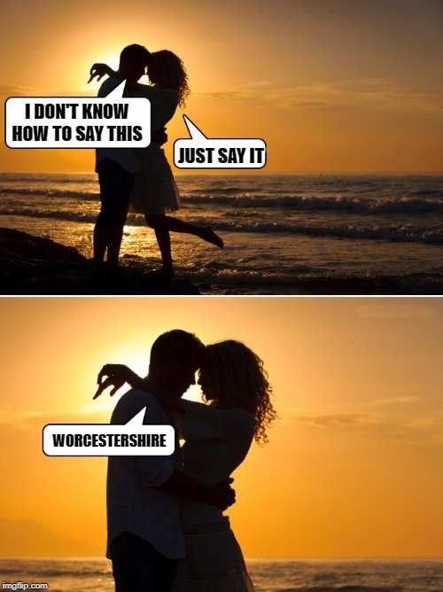 pillow talk |  I DON'T KNOW HOW TO SAY THIS; JUST SAY IT; WORCESTERSHIRE | image tagged in lovers,sunset,funny | made w/ Imgflip meme maker