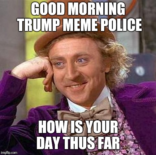 Creepy Condescending Wonka Meme | GOOD MORNING TRUMP MEME POLICE HOW IS YOUR DAY THUS FAR | image tagged in memes,creepy condescending wonka | made w/ Imgflip meme maker