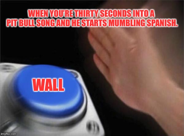 Wall | WHEN YOU’RE THIRTY SECONDS INTO A PIT BULL SONG AND HE STARTS MUMBLING SPANISH. WALL | image tagged in memes,blank nut button,wall,trump,trump wall button,trump wall | made w/ Imgflip meme maker