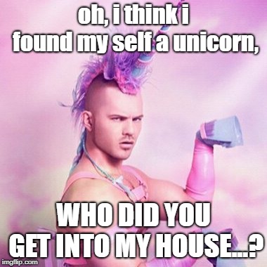 Unicorn MAN | oh, i think i found my self a unicorn, WHO DID YOU GET INTO MY HOUSE...? | image tagged in memes,unicorn man | made w/ Imgflip meme maker