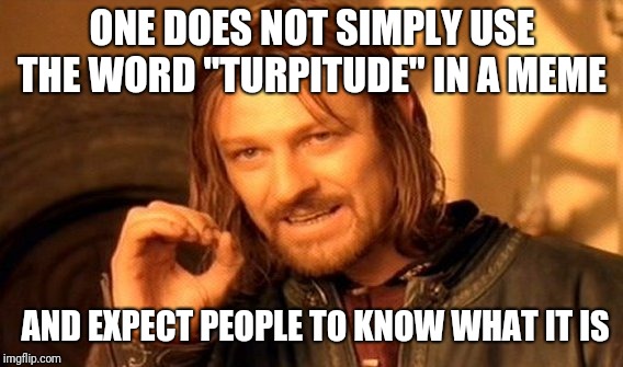 One Does Not Simply Meme | ONE DOES NOT SIMPLY USE THE WORD "TURPITUDE" IN A MEME AND EXPECT PEOPLE TO KNOW WHAT IT IS | image tagged in memes,one does not simply | made w/ Imgflip meme maker