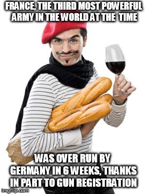 scumbag french | FRANCE, THE THIRD MOST POWERFUL ARMY IN THE WORLD AT THE  TIME WAS OVER RUN BY GERMANY IN 6 WEEKS, THANKS IN PART TO GUN REGISTRATION | image tagged in scumbag french | made w/ Imgflip meme maker