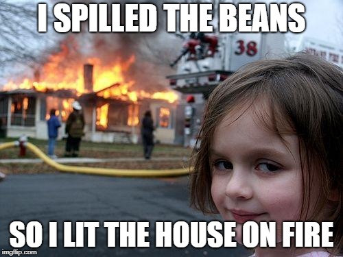 Disaster Girl Meme | I SPILLED THE BEANS; SO I LIT THE HOUSE ON FIRE | image tagged in memes,disaster girl | made w/ Imgflip meme maker