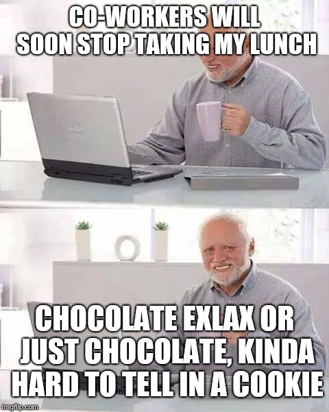 Hide the joy Harold. | CO-WORKERS WILL SOON STOP TAKING MY LUNCH; CHOCOLATE EXLAX OR JUST CHOCOLATE, KINDA HARD TO TELL IN A COOKIE | image tagged in memes,hide the pain harold | made w/ Imgflip meme maker