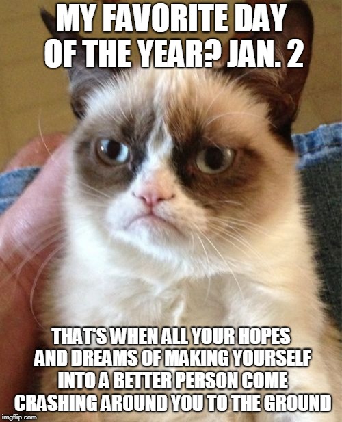 New Year's Resolutions? Get over it. | MY FAVORITE DAY OF THE YEAR? JAN. 2; THAT'S WHEN ALL YOUR HOPES AND DREAMS OF MAKING YOURSELF INTO A BETTER PERSON COME CRASHING AROUND YOU TO THE GROUND | image tagged in memes,grumpy cat,grumpy cat insults,new year,new years,new years resolutions | made w/ Imgflip meme maker