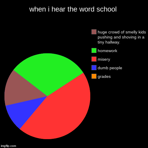 when i hear the word school | grades, dumb people, misery, homework, huge crowd of smelly kids pushing and shoving in a tiny hallway. | image tagged in funny,pie charts | made w/ Imgflip chart maker