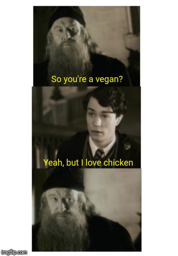 Dumbledore and Tom Riddle | So you're a vegan? Yeah, but I love chicken | image tagged in dumbledore and tom riddle | made w/ Imgflip meme maker
