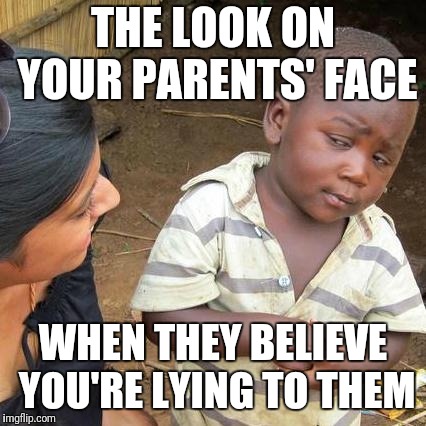The look on the parents face if they think you told a lie | THE LOOK ON YOUR PARENTS' FACE; WHEN THEY BELIEVE YOU'RE LYING TO THEM | image tagged in memes,third world skeptical kid,parents,lies,children | made w/ Imgflip meme maker