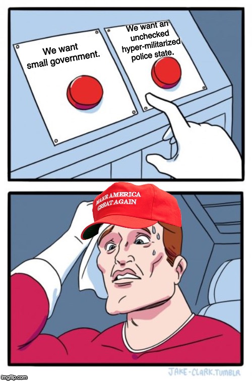 Two Button Maga Hat | We want an unchecked hyper-militarized police state. We want small government. | image tagged in big government,police brutality,two buttons | made w/ Imgflip meme maker