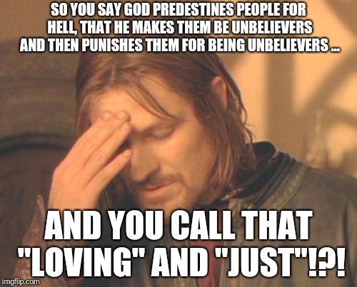Frustrated Boromir Meme | SO YOU SAY GOD PREDESTINES PEOPLE FOR HELL, THAT HE MAKES THEM BE UNBELIEVERS AND THEN PUNISHES THEM FOR BEING UNBELIEVERS ... AND YOU CALL THAT "LOVING" AND "JUST"!?! | image tagged in memes,frustrated boromir | made w/ Imgflip meme maker