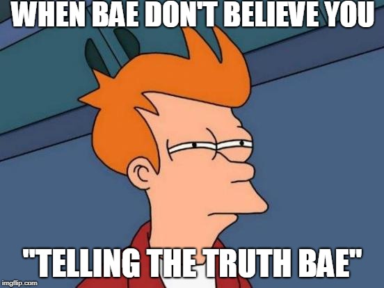 Futurama Fry Meme | WHEN BAE DON'T BELIEVE YOU; "TELLING THE TRUTH BAE" | image tagged in memes,futurama fry | made w/ Imgflip meme maker