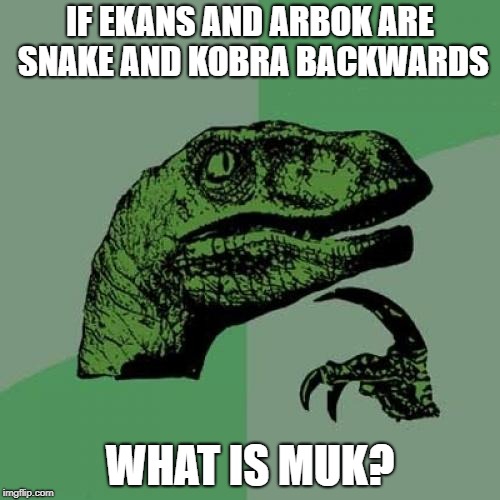 Philosoraptor Meme | IF EKANS AND ARBOK ARE SNAKE AND KOBRA BACKWARDS; WHAT IS MUK? | image tagged in memes,philosoraptor | made w/ Imgflip meme maker