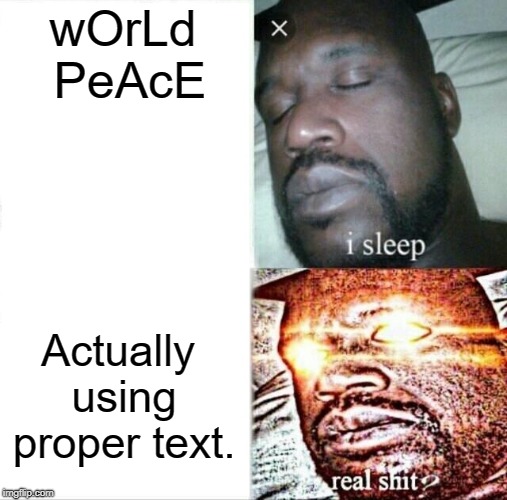 Sleeping Shaq Meme | wOrLd PeAcE; Actually using proper text. | image tagged in memes,sleeping shaq | made w/ Imgflip meme maker