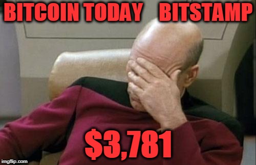 Captain Picard Facepalm Meme | BITCOIN TODAY    BITSTAMP; $3,781 | image tagged in memes,captain picard facepalm | made w/ Imgflip meme maker