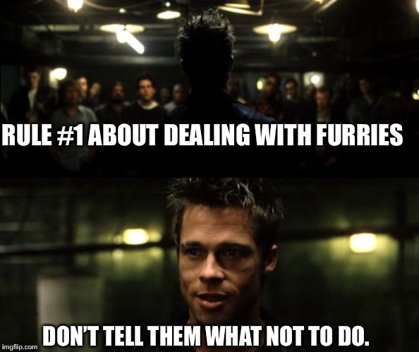First rule of the Fight Club | RULE #1 ABOUT DEALING WITH FURRIES; DON’T TELL THEM WHAT NOT TO DO. | image tagged in first rule of the fight club,AdviceAnimals | made w/ Imgflip meme maker