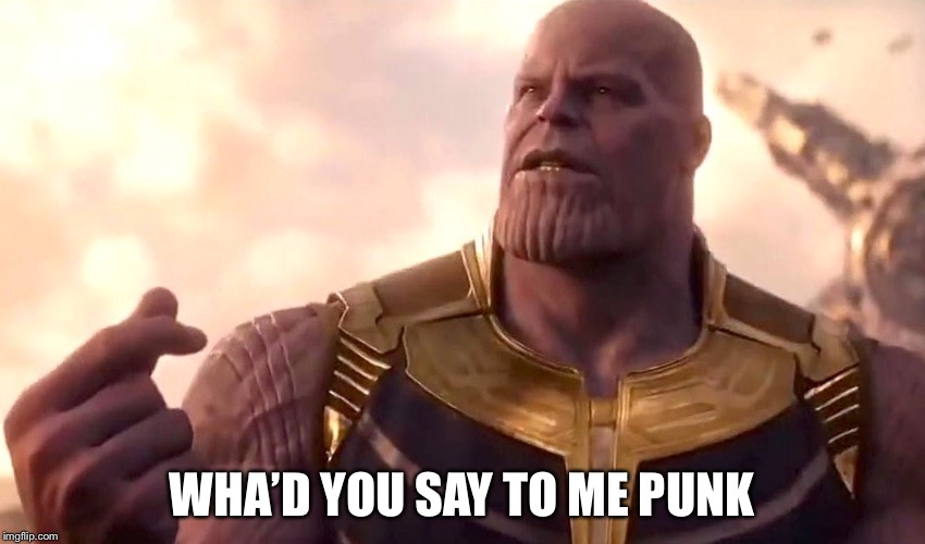 thanos snap | WHA’D YOU SAY TO ME PUNK | image tagged in thanos snap | made w/ Imgflip meme maker