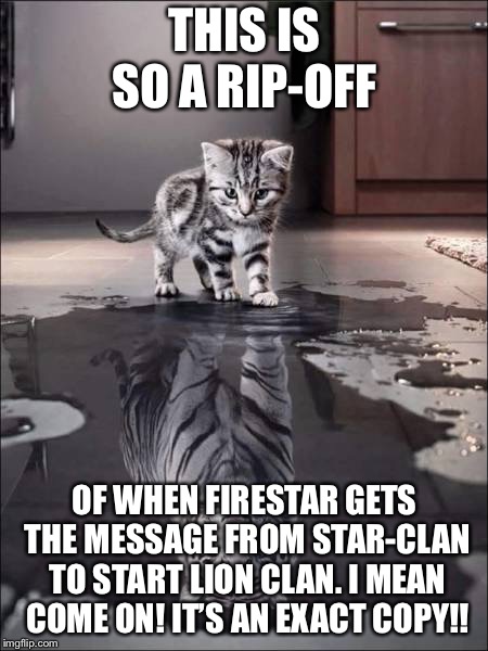 catiger | THIS IS SO A RIP-OFF; OF WHEN FIRESTAR GETS THE MESSAGE FROM STAR-CLAN TO START LION CLAN. I MEAN COME ON! IT’S AN EXACT COPY!! | image tagged in catiger | made w/ Imgflip meme maker