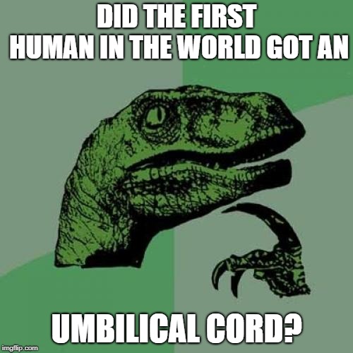 Philosoraptor Meme | DID THE FIRST HUMAN IN THE WORLD GOT AN; UMBILICAL CORD? | image tagged in memes,philosoraptor | made w/ Imgflip meme maker
