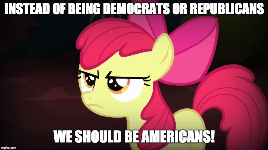Be true to this country! | INSTEAD OF BEING DEMOCRATS OR REPUBLICANS; WE SHOULD BE AMERICANS! | image tagged in angry applebloom,memes,politics,americans,ponies | made w/ Imgflip meme maker