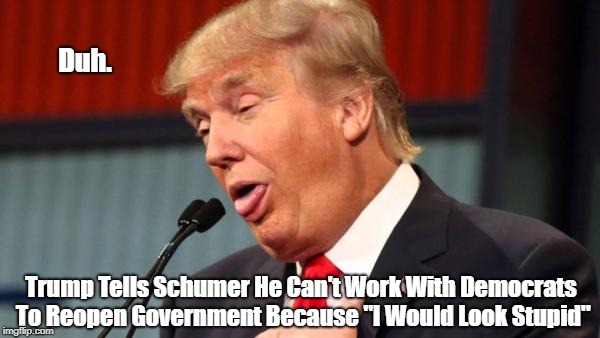 Trump Tells Schumer He Can't Work With Democrats To Reopen Government Because "I Would Look Stupid" | Duh. Trump Tells Schumer He Can't Work With Democrats To Reopen Government Because "I Would Look Stupid" | image tagged in dimwit donald,trump paints himself into a corner,dishonorable donald,dickhead donald,our national embarrassment,deplorable donal | made w/ Imgflip meme maker