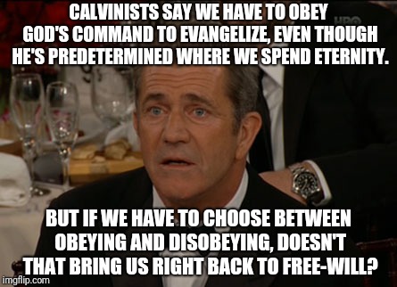 Confused Mel Gibson Meme | CALVINISTS SAY WE HAVE TO OBEY GOD'S COMMAND TO EVANGELIZE, EVEN THOUGH HE'S PREDETERMINED WHERE WE SPEND ETERNITY. BUT IF WE HAVE TO CHOOSE BETWEEN OBEYING AND DISOBEYING, DOESN'T THAT BRING US RIGHT BACK TO FREE-WILL? | image tagged in memes,confused mel gibson | made w/ Imgflip meme maker
