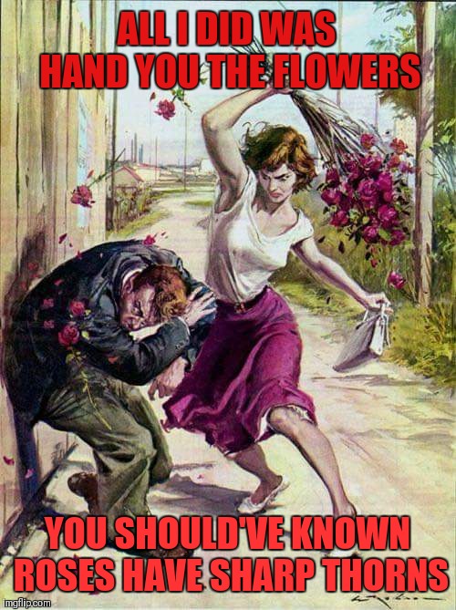 Beaten with Roses | ALL I DID WAS HAND YOU THE FLOWERS; YOU SHOULD'VE KNOWN ROSES HAVE SHARP THORNS | image tagged in beaten with roses,funny,relationships,flowers,memes | made w/ Imgflip meme maker