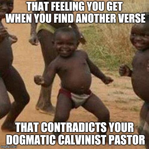 Third World Success Kid Meme | THAT FEELING YOU GET WHEN YOU FIND ANOTHER VERSE; THAT CONTRADICTS YOUR DOGMATIC CALVINIST PASTOR | image tagged in memes,third world success kid | made w/ Imgflip meme maker
