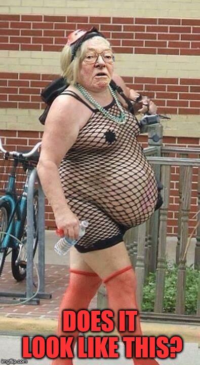Fishnet Granny | DOES IT LOOK LIKE THIS? | image tagged in fishnet granny | made w/ Imgflip meme maker
