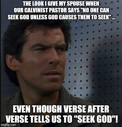 Bothered Bond Meme | THE LOOK I GIVE MY SPOUSE WHEN OUR CALVINIST PASTOR SAYS "NO ONE CAN SEEK GOD UNLESS GOD CAUSES THEM TO SEEK" ... EVEN THOUGH VERSE AFTER VERSE TELLS US TO "SEEK GOD"! | image tagged in memes,bothered bond | made w/ Imgflip meme maker