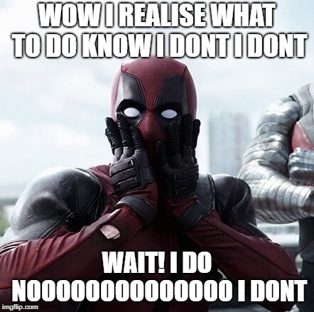 Deadpool Surprised Meme | WOW I REALISE WHAT TO DO KNOW I DONT I DONT; WAIT! I DO NOOOOOOOOOOOOOO I DONT | image tagged in memes,deadpool surprised | made w/ Imgflip meme maker
