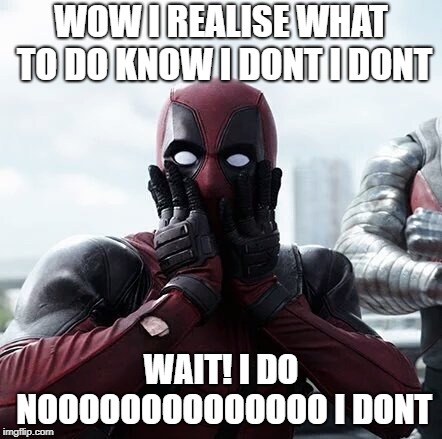 Deadpool Surprised | WOW I REALISE WHAT TO DO KNOW I DONT I DONT; WAIT! I DO NOOOOOOOOOOOOOO I DONT | image tagged in memes,deadpool surprised | made w/ Imgflip meme maker