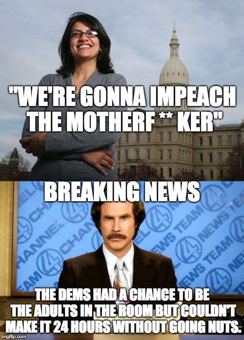 She forgot the mandatory "Allahu Akbar". | "WE'RE GONNA IMPEACH THE MOTHERF ** KER"; BREAKING NEWS; THE DEMS HAD A CHANCE TO BE THE ADULTS IN THE ROOM BUT COULDN'T MAKE IT 24 HOURS WITHOUT GOING NUTS. | image tagged in breaking news,ugly muslim rep | made w/ Imgflip meme maker