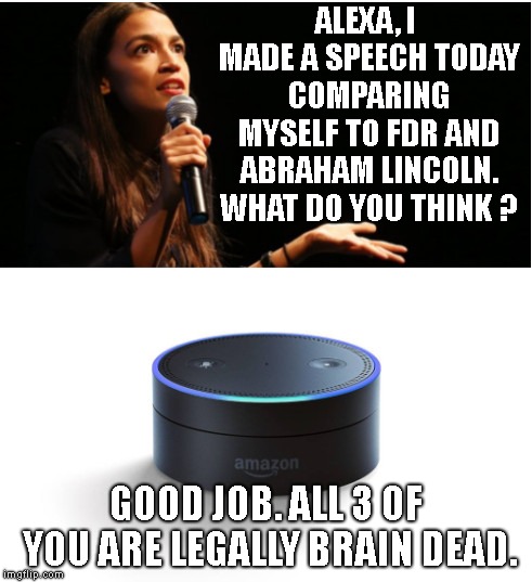 FDR ? ABRAHAM LINCOLN ?? BWAHAHAHAHAHAHHAHAHA. | ALEXA, I MADE A SPEECH TODAY COMPARING MYSELF TO FDR AND ABRAHAM LINCOLN. WHAT DO YOU THINK ? GOOD JOB. ALL 3 OF YOU ARE LEGALLY BRAIN DEAD. | image tagged in alexandria vs alexa,abraham lincoln,fdr,super dummy | made w/ Imgflip meme maker