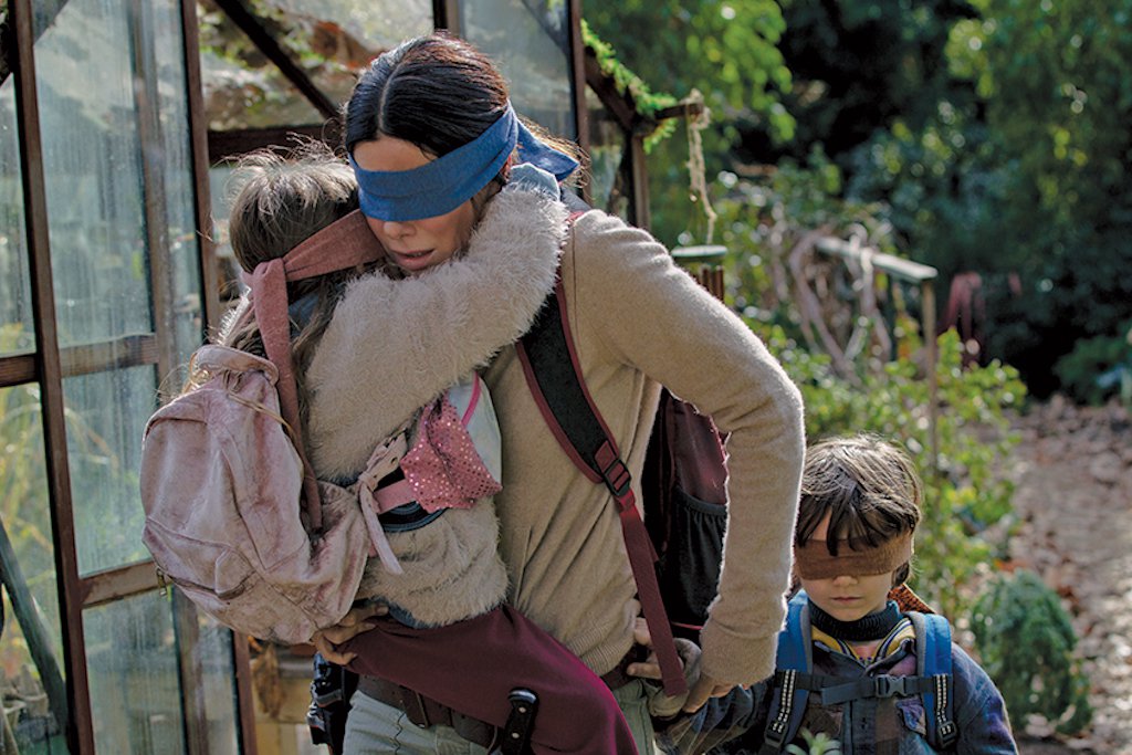 High Quality Birdbox blindfold leading kids on trail Blank Meme Template