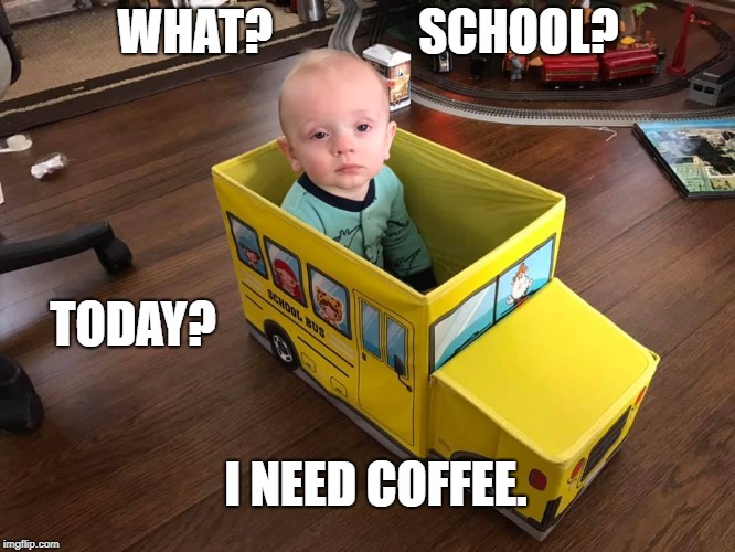 Tired Bus Baby | WHAT?               SCHOOL? TODAY? I NEED COFFEE. | image tagged in tired bus baby | made w/ Imgflip meme maker