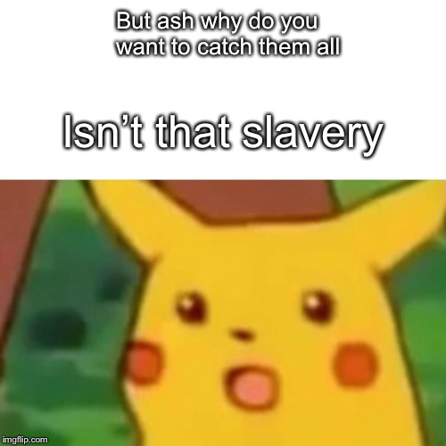 Surprised Pikachu Meme | But ash why do you want to catch them all; Isn’t that slavery | image tagged in memes,surprised pikachu | made w/ Imgflip meme maker