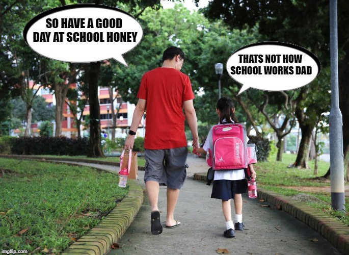 from the mouths of babes  | SO HAVE A GOOD DAY AT SCHOOL HONEY; THATS NOT HOW SCHOOL WORKS DAD | image tagged in school,dad,kid | made w/ Imgflip meme maker