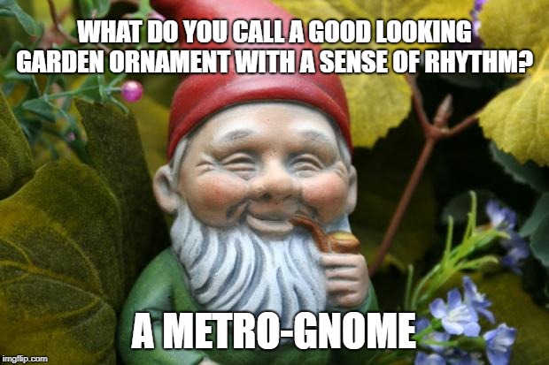 Sarcastic Gnome | WHAT DO YOU CALL A GOOD LOOKING GARDEN ORNAMENT WITH A SENSE OF RHYTHM? A METRO-GNOME | image tagged in sarcastic gnome | made w/ Imgflip meme maker