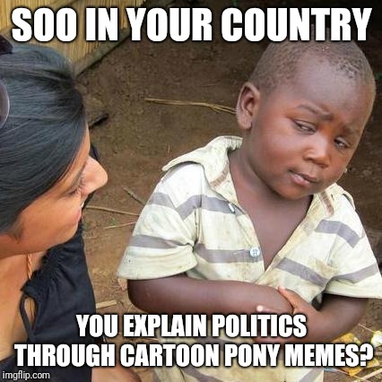 Third World Skeptical Kid Meme | SOO IN YOUR COUNTRY YOU EXPLAIN POLITICS THROUGH CARTOON PONY MEMES? | image tagged in memes,third world skeptical kid | made w/ Imgflip meme maker