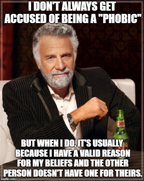 Most Interesting Phobic | I DON'T ALWAYS GET ACCUSED OF BEING A "PHOBIC"; BUT WHEN I DO, IT'S USUALLY BECAUSE I HAVE A VALID REASON FOR MY BELIEFS AND THE OTHER PERSON DOESN'T HAVE ONE FOR THEIRS. | image tagged in memes,the most interesting man in the world,phobia,phobic,grow up | made w/ Imgflip meme maker