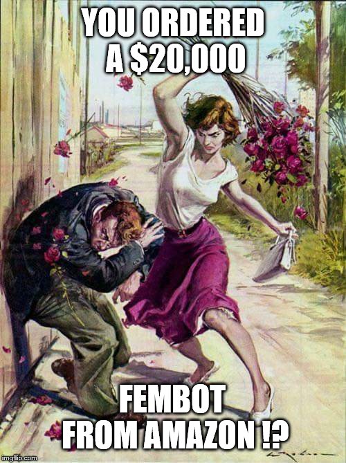 I like the "change up" of popular templates. | YOU ORDERED A $20,000; FEMBOT FROM AMAZON !? | image tagged in beaten with roses | made w/ Imgflip meme maker