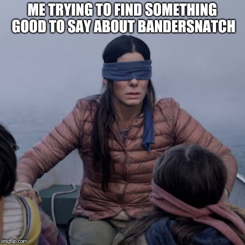 Bird Box Meme | ME TRYING TO FIND SOMETHING GOOD TO SAY ABOUT BANDERSNATCH | image tagged in birdbox | made w/ Imgflip meme maker