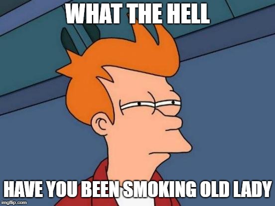 Futurama Fry Meme | WHAT THE HELL HAVE YOU BEEN SMOKING OLD LADY | image tagged in memes,futurama fry | made w/ Imgflip meme maker