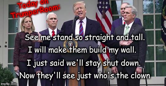 Today on TrumperRoom | Today on TrumperRoom:; See me stand so straight and tall. I will make them build my wall. I just said we'll stay shut down. Now they'll see just who's the clown | image tagged in trump tantrum | made w/ Imgflip meme maker