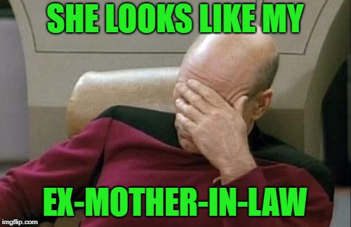 Captain Picard Facepalm Meme | SHE LOOKS LIKE MY EX-MOTHER-IN-LAW | image tagged in memes,captain picard facepalm | made w/ Imgflip meme maker